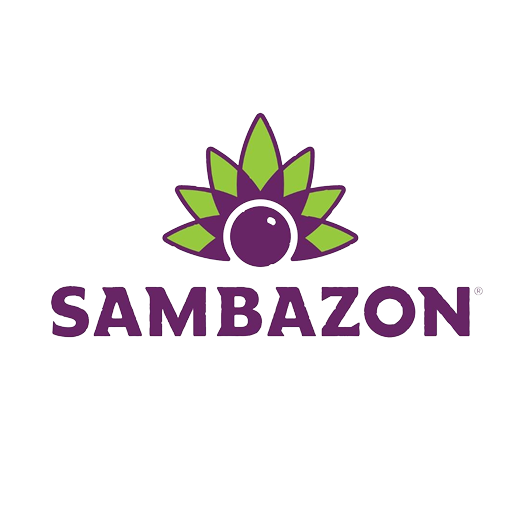 Sambazon logo featuring a purple and green stylized fruit with leaves.