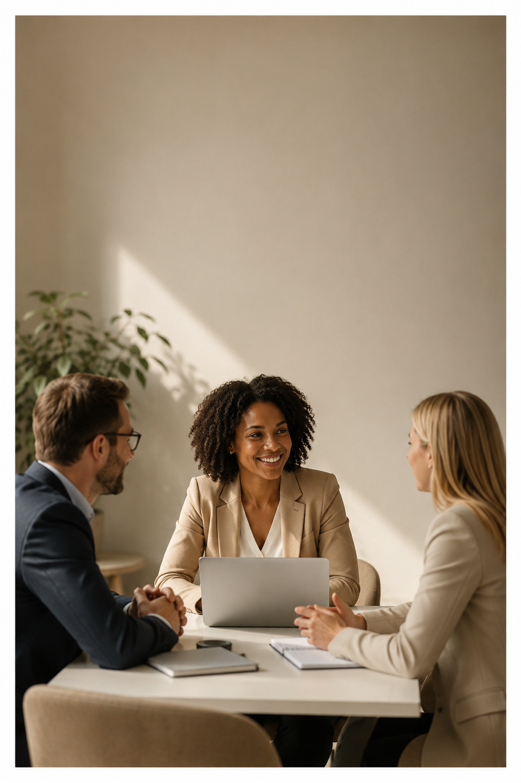 Three professionals in business attire having a meeting in a bright office with a potted plant in the background.