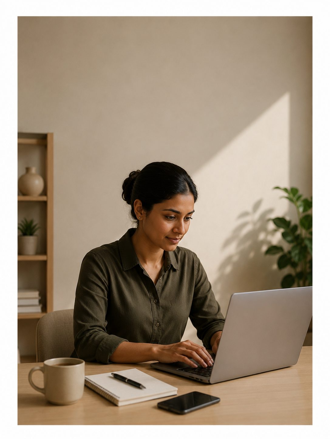 A woman working on a laptop at a desk with a notepad, pen, smartphone, and coffee mug, in a cozy home office with a plant and a wooden shelf.