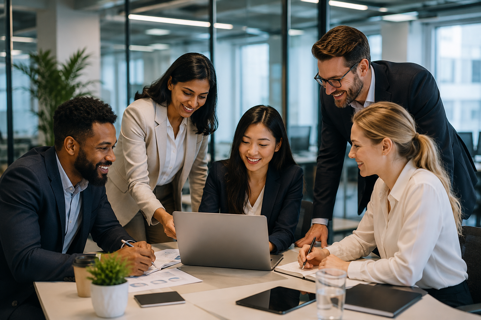 A diverse group of six business professionals, three men and three women, collaborating and smiling around a laptop in a modern office conference room.