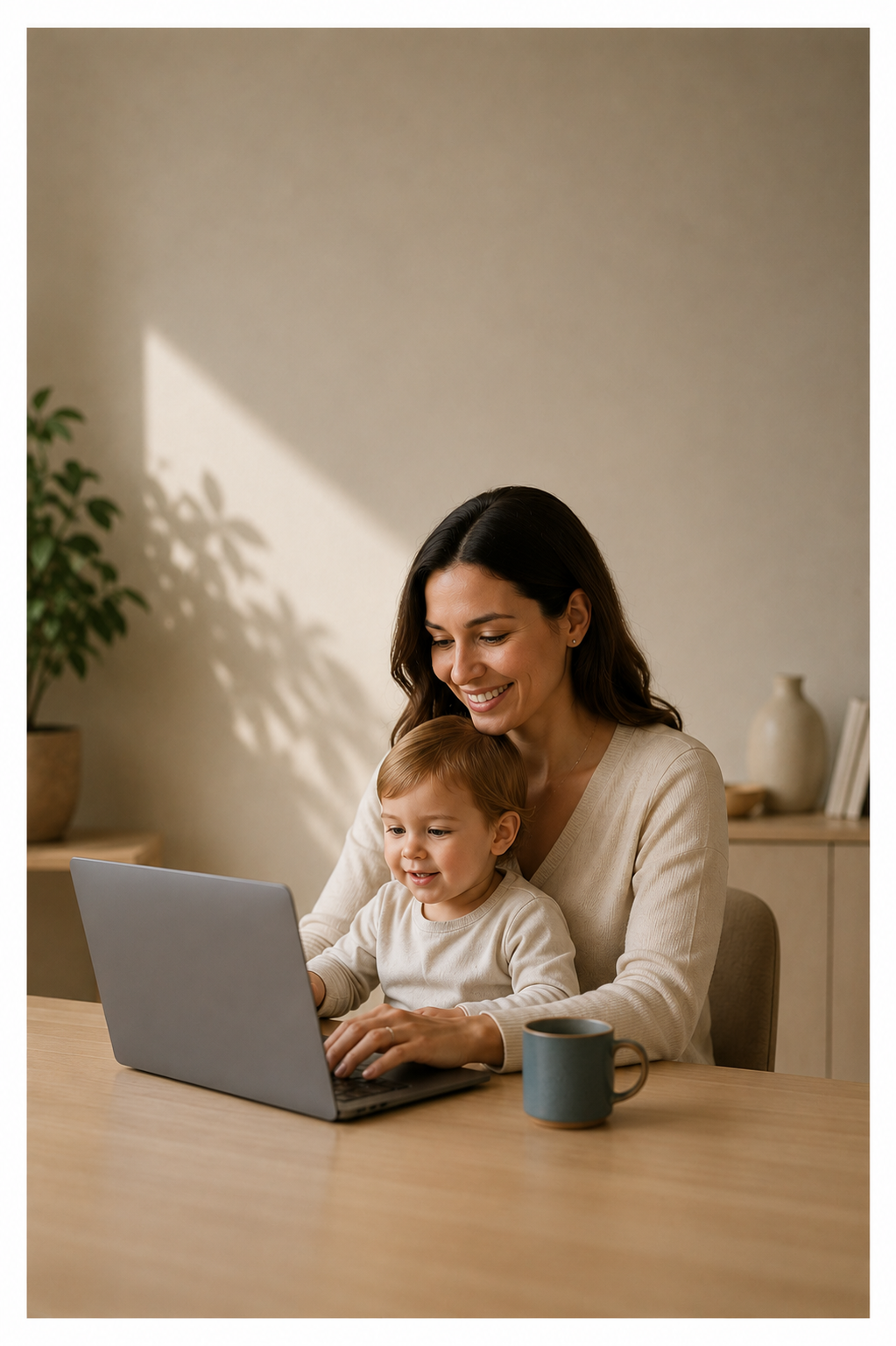 A woman and a young boy sitting at a wooden table looking at a laptop screen together, smiling, with a blue mug on the table, in a well-lit room with neutral walls and decorative items in the background.