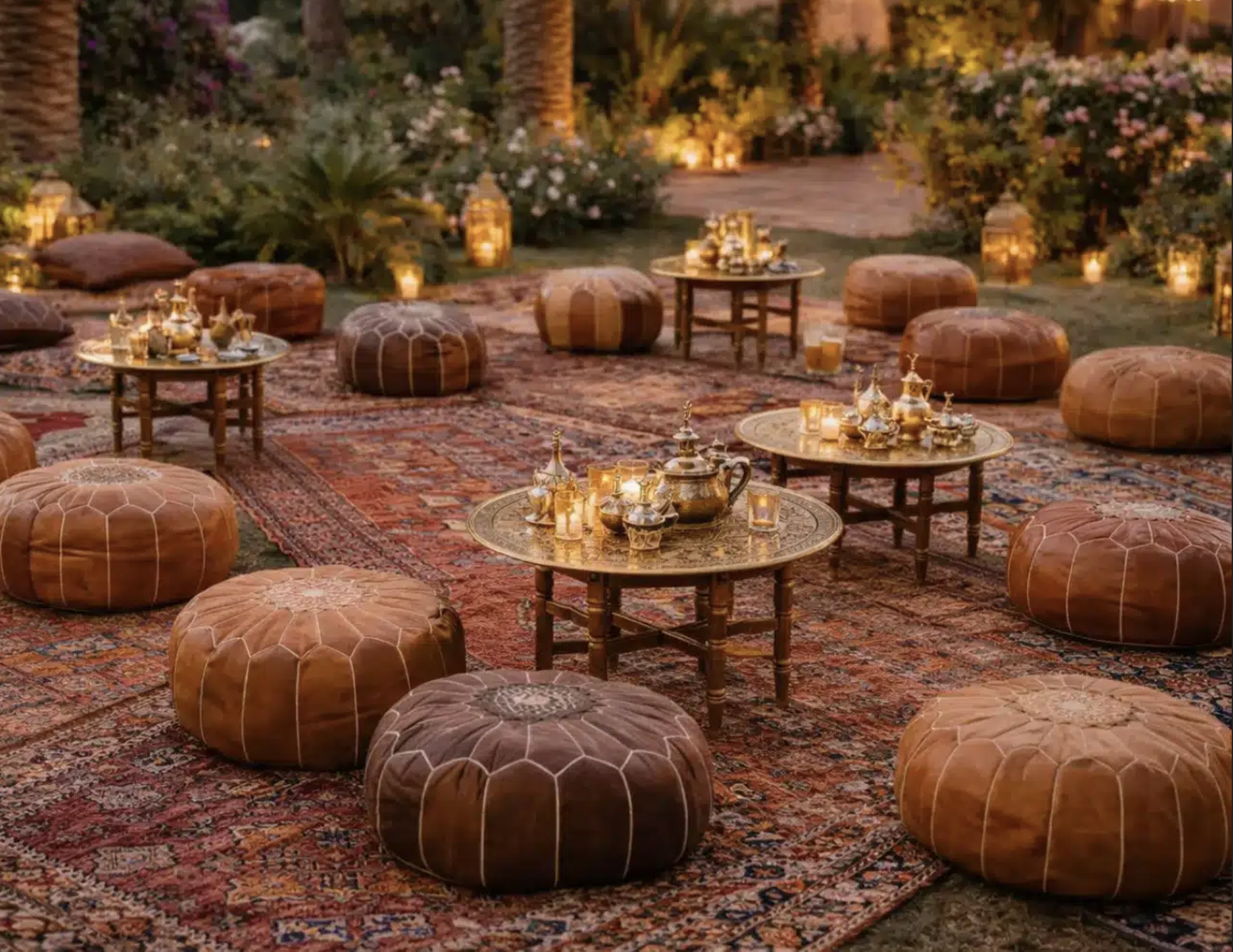 Outdoor luxury Moroccan lounge seating setup at dusk featuring multiple brown leather poufs, low engraved brass tea tables, layered oriental area rugs, and warm ambient candlelight.