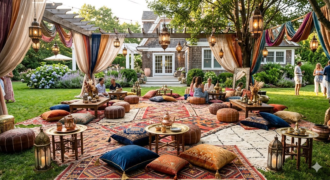 Outdoor gathering with colorful drapes, lanterns, and cushions on the grass, featuring groups of people sitting and chatting at low tables, with a house and lush greenery in the background.