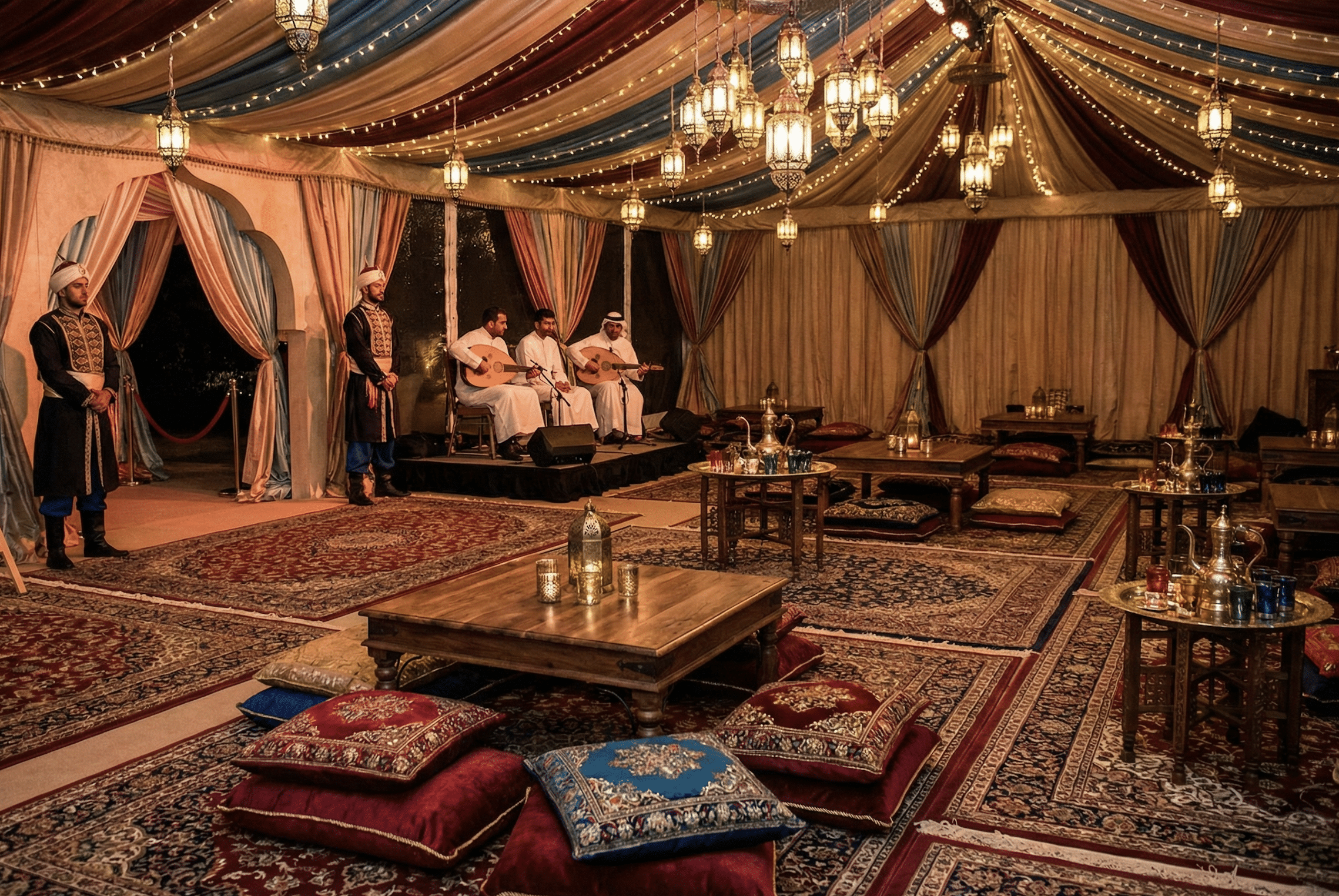 An opulent indoor Moroccan gala setup featuring low carved wooden tables, plush embroidered floor pillows, layered luxury carpets, and traditional musicians performing on a low stage under a draped fabric ceiling with glowing lanterns.