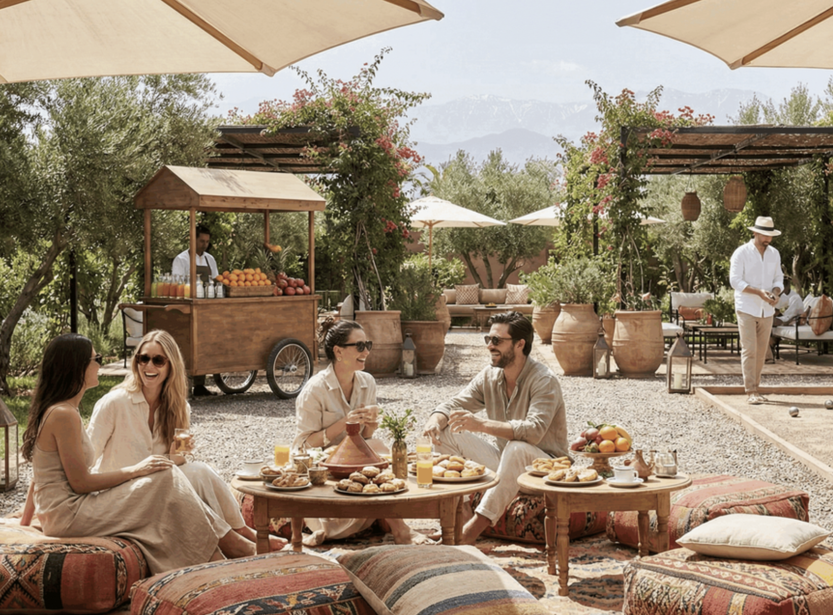 High-end outdoor garden party brunch with guests relaxing on patterned floor cushions around low wooden tables styled with traditional teapots and authentic Moroccan dishes under wide patio umbrellas.