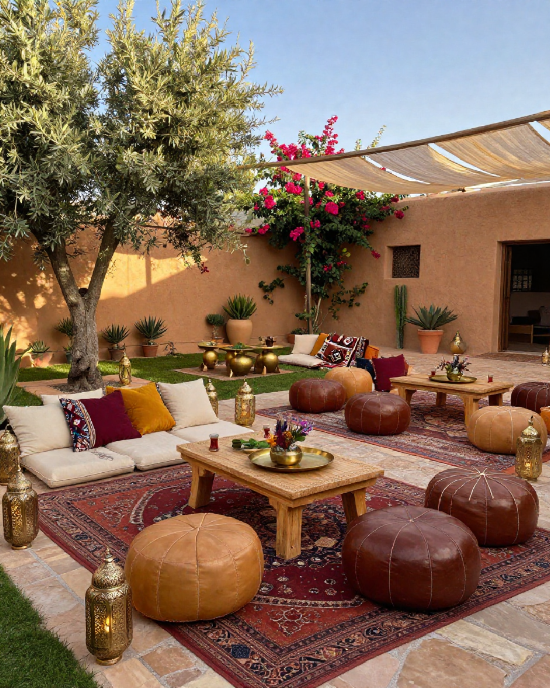 A cozy outdoor patio with Moroccan-inspired decor, featuring low seating with cushions, wooden tables, leather poufs, decorative lanterns, a large patterned rug, potted plants, and colorful flowers under a shade sail.