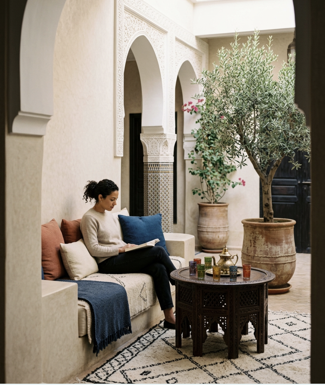 A woman sitting on a beige couch with colorful pillows, reading a book, in a Moroccan-style interior with large potted plants and ornate architectural details.