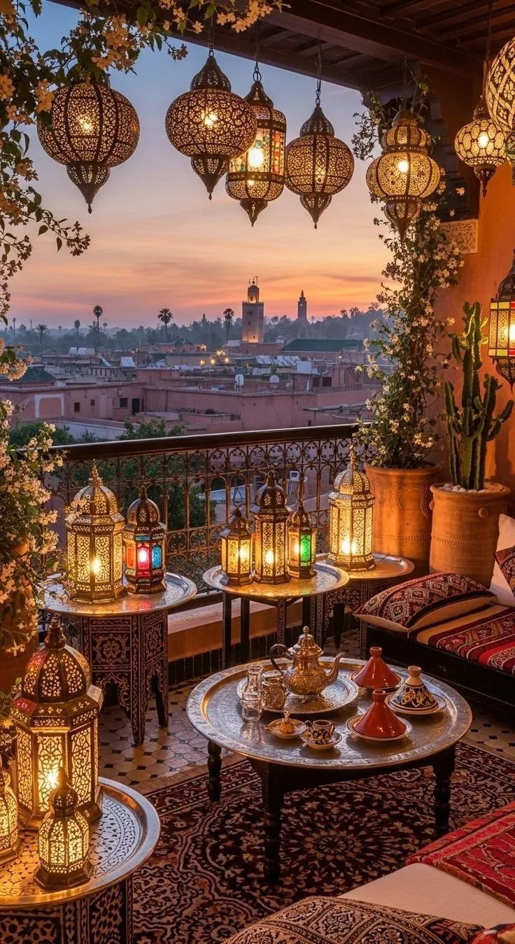 A Moroccan-style balcony decorated with hanging lanterns, colorful lamps, and traditional furniture overlooking a cityscape at sunset.