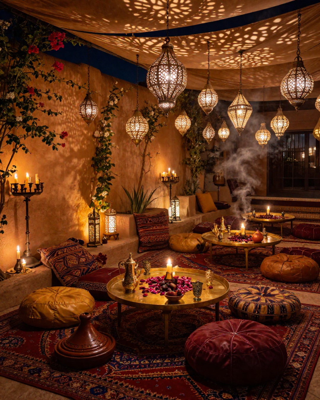 Indoor Moroccan-style lounge with hanging lantern lights, candles, cushions, and low tables on a patterned rug.