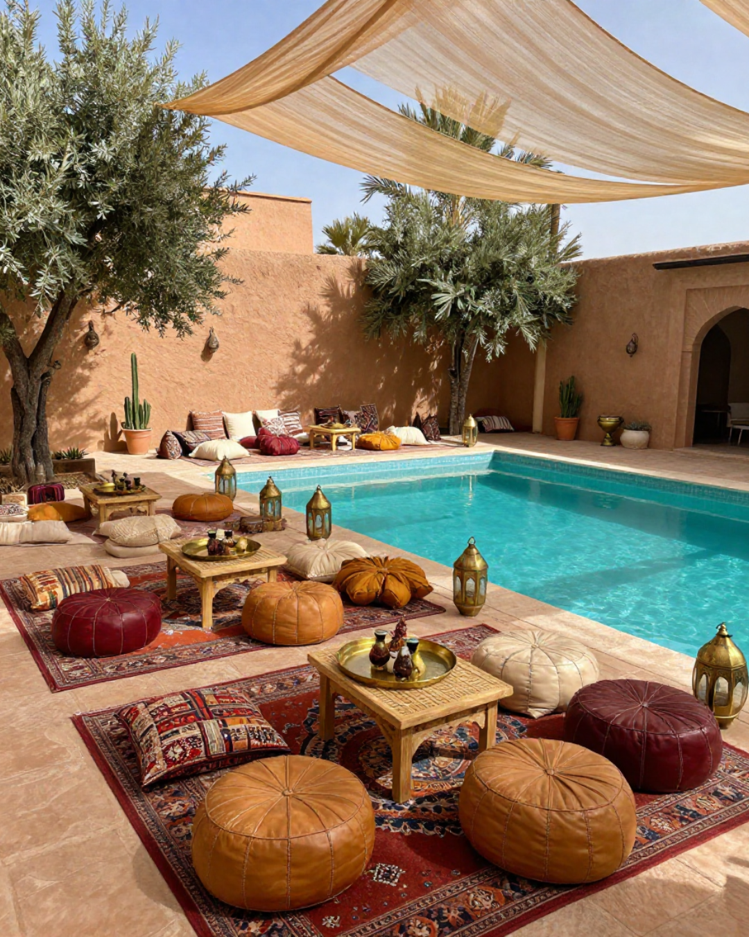 Outdoor pool area with colorful cushions, low tables, and lanterns, surrounded by desert-style walls and tress, with shaded fabric overhead.