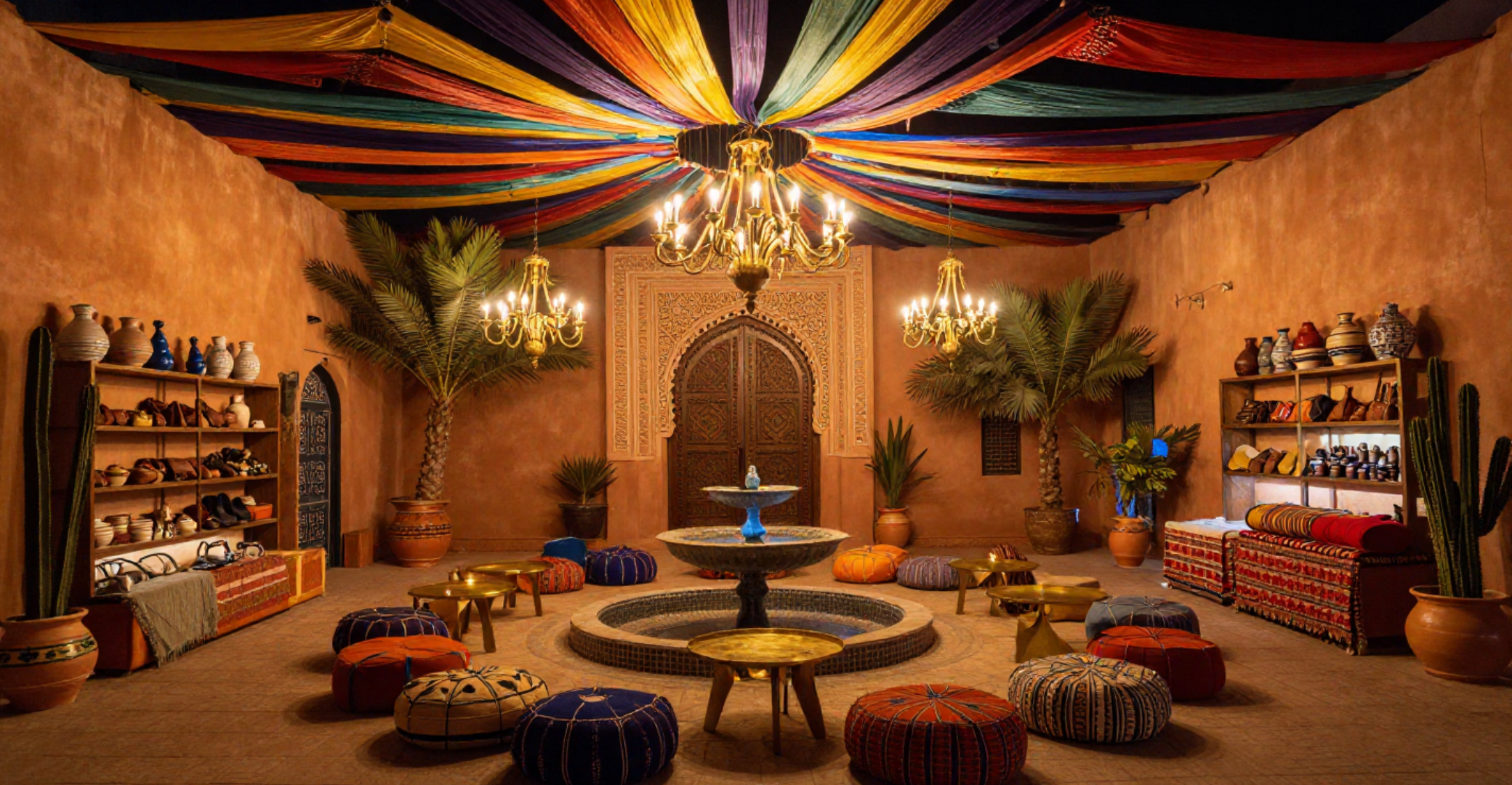 Indoor room decorated with Moroccan or Middle Eastern style, featuring colorful fabric draped from the ceiling, chandeliers, potted palm trees, shelves with pottery and shoes, and vibrant cushions and furniture surrounding a central fountain.
