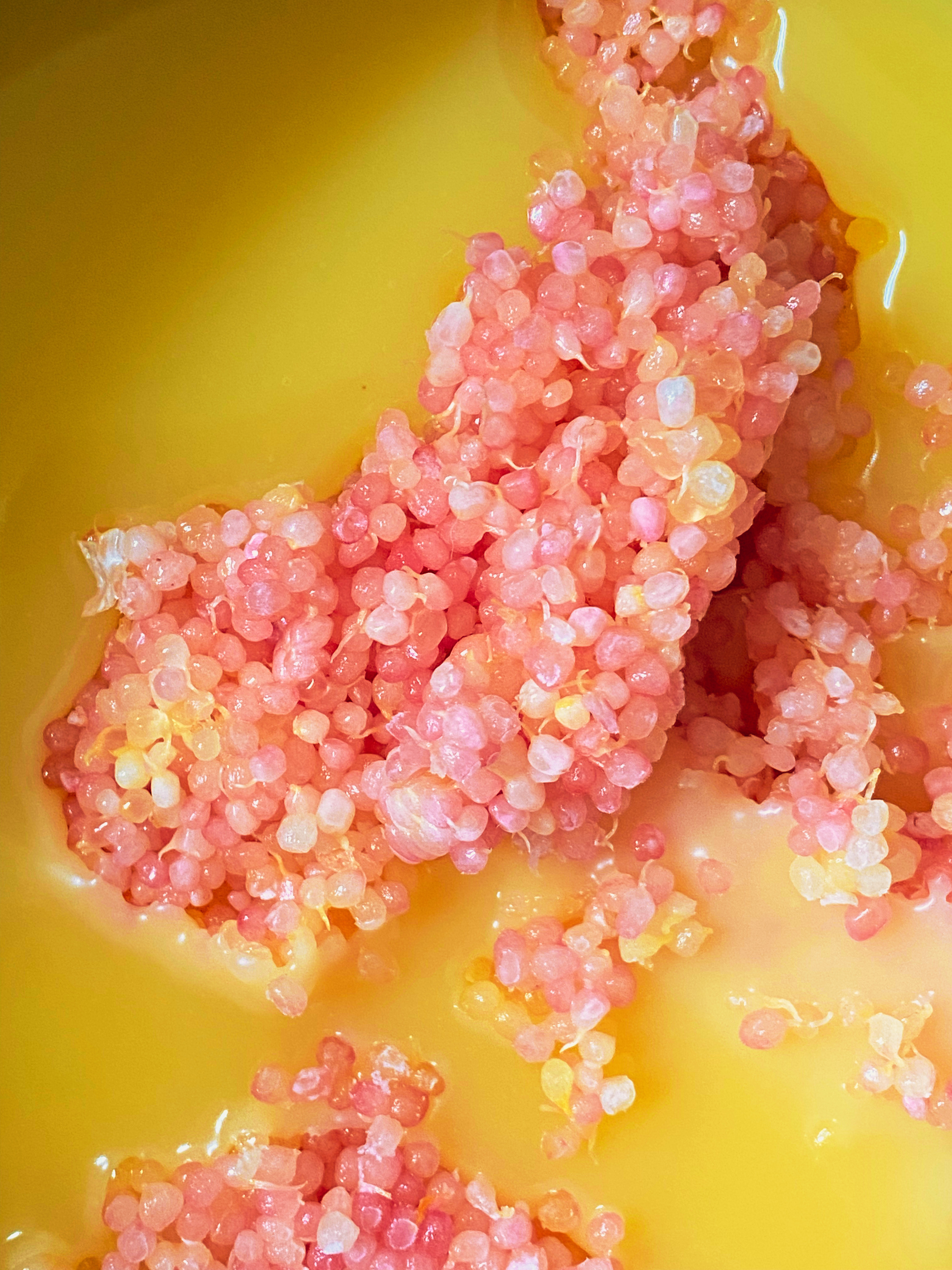 Close-up of pink peppercorns spilled onto a yellow surface.