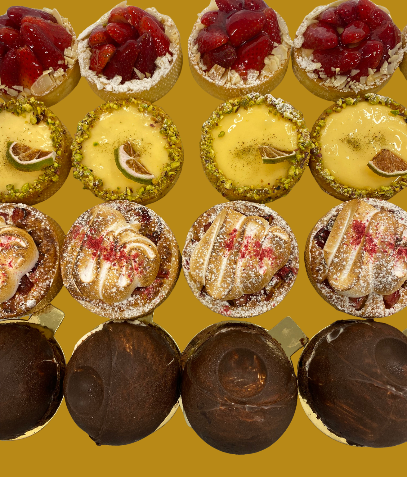 Strawberry custard tartes
Lemonmyrtle tartes
Rhubarb meringue tartes
GF Black Forest bombs
