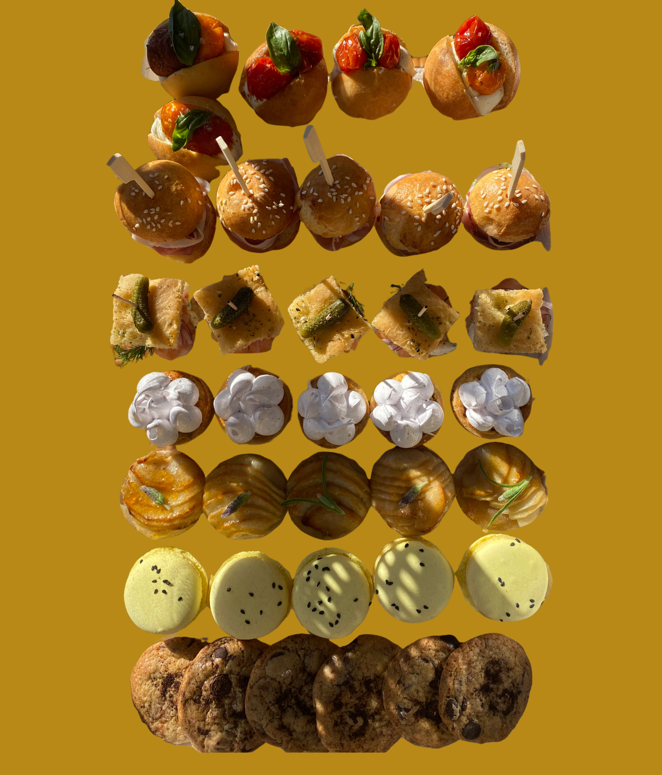 Selection of finger food:
Brioche with whipped feta and oven roasted tomatoes
Mini Reuben sliders
Mini focaccia with prosciutto
Rhubarb meringue tartes
Mini caramelised apple tart
Passionfruit macarons
Sourdough choc chip brown butter cookie
(all hom