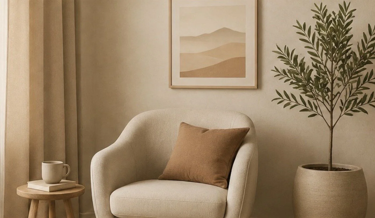 Welcoming therapy space with a comfortable armchair, side table and plant