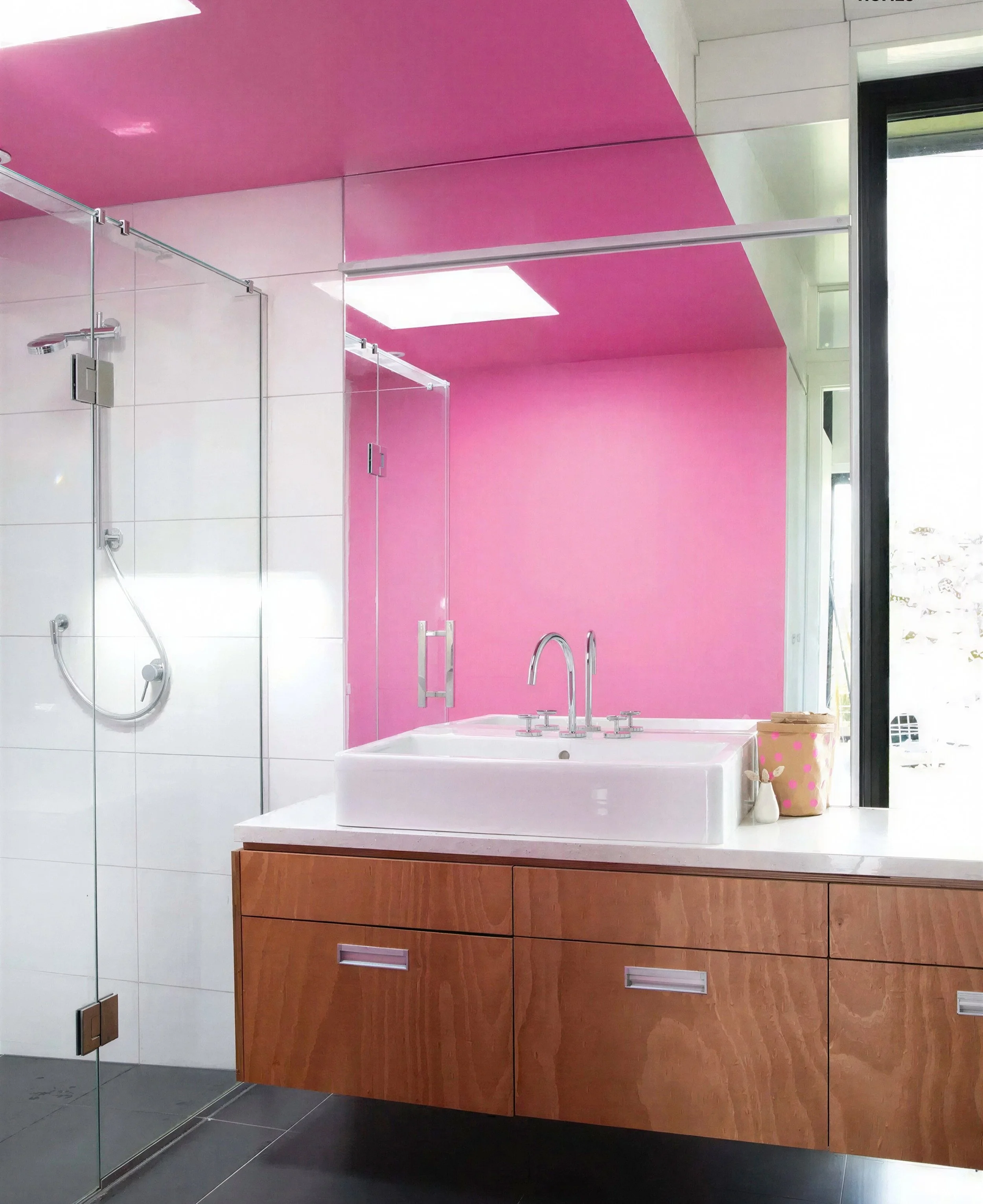 Bold pink Resene ‘Smitten’ walls and ceiling bathroom with floating plywood vanity, Big Sky Farmhouse, Kaihere NZ