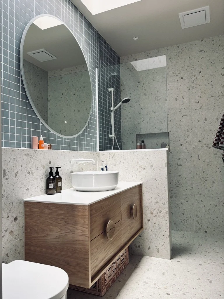 Terrazzo ensuite with duck egg mosaic tiles and timber vanity, residential bathroom design Cambridge NZ