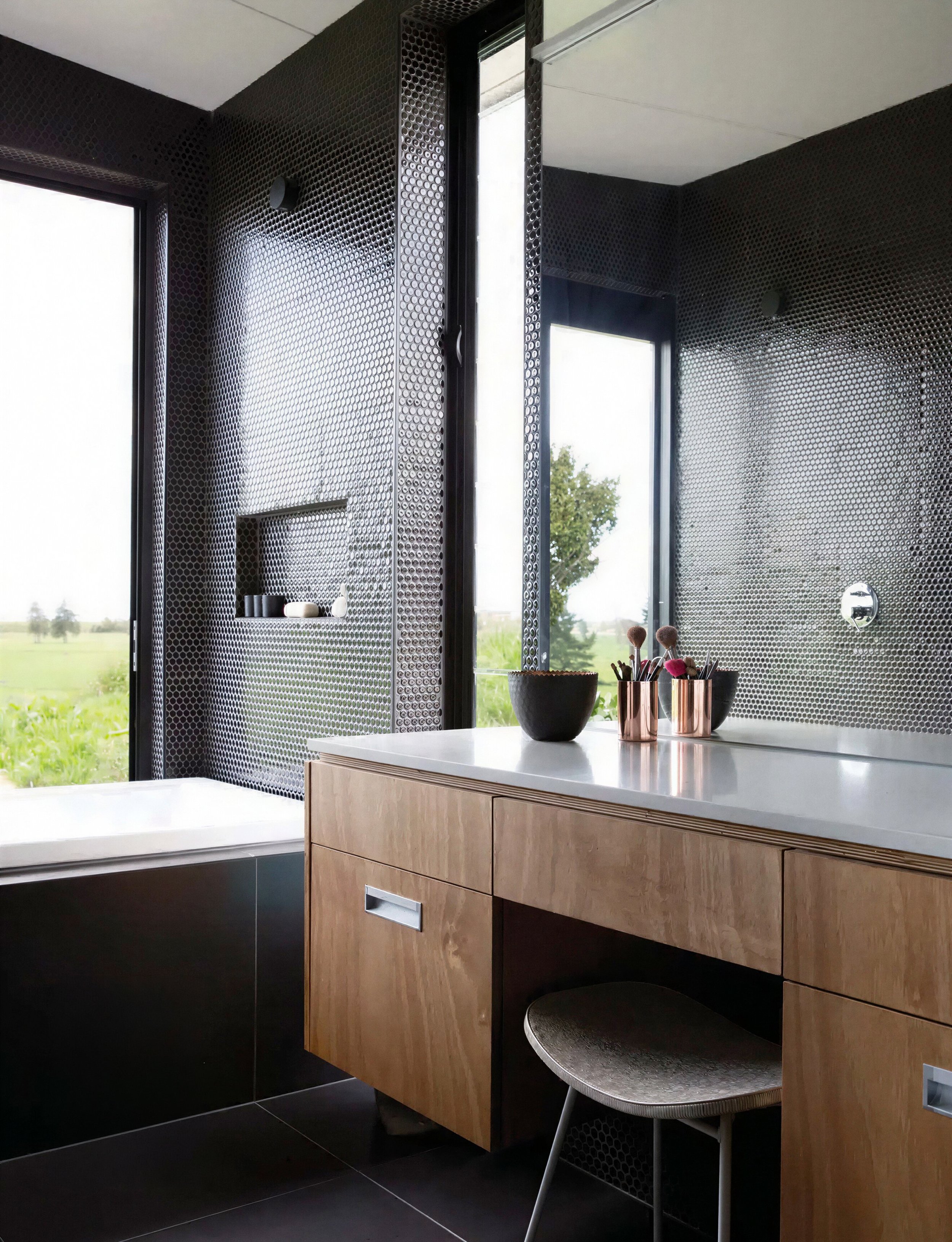 Black penny tile ensuite with bespoke plywood vanity, Big Sky Farmhouse interior design, Kaihere