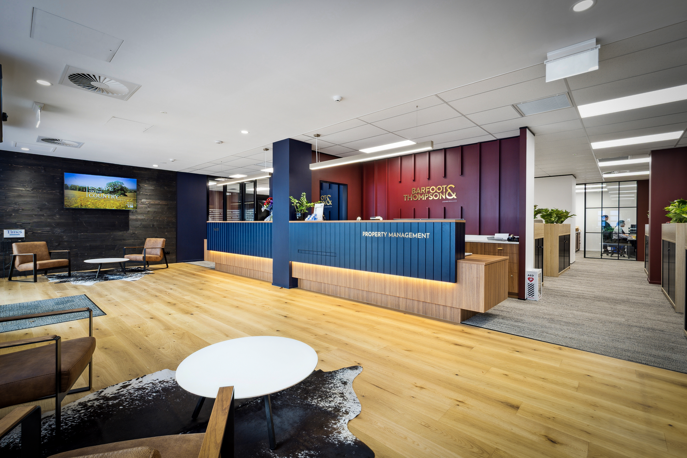Barfoot Thompson Pukekohe office reception with burgundy feature wall and timber joinery, commercial interior design