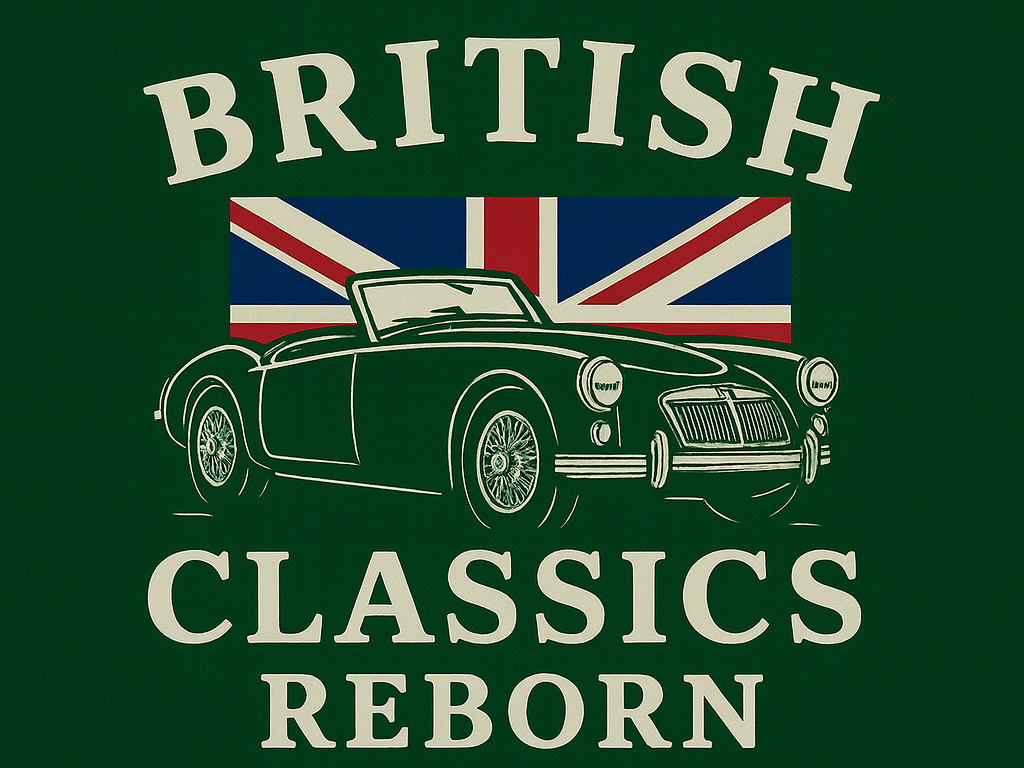 A graphic with a vintage British sports car in front of a background featuring the Union Jack flag, with text that reads "British Classics Reborn".