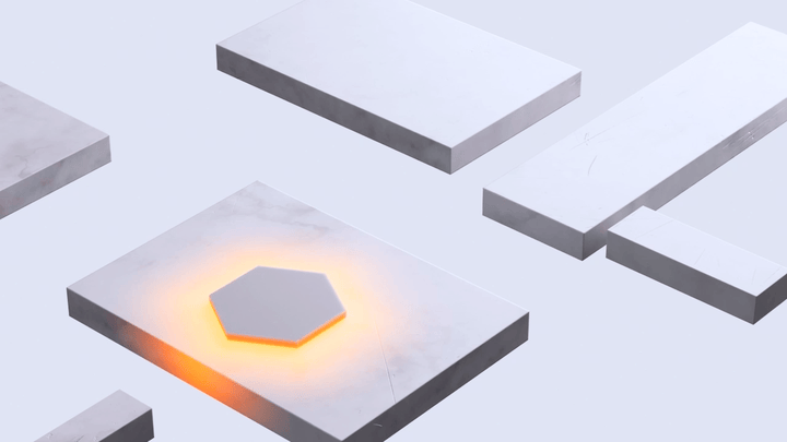 A hexagon-shaped object with an orange glow on a metallic platform, surrounded by several other metallic slabs in a minimalist white setting.