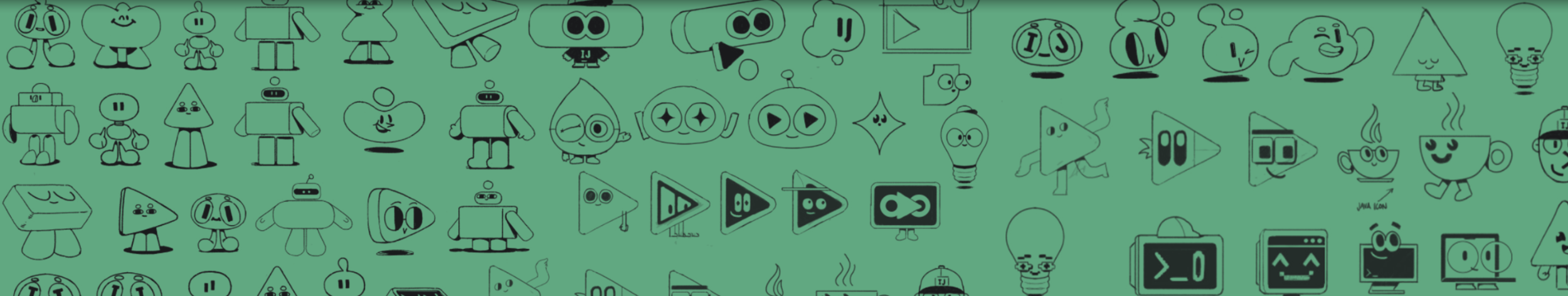 Pattern of black and white cartoon-style icons representing robots, computers, and media symbols on a green background.