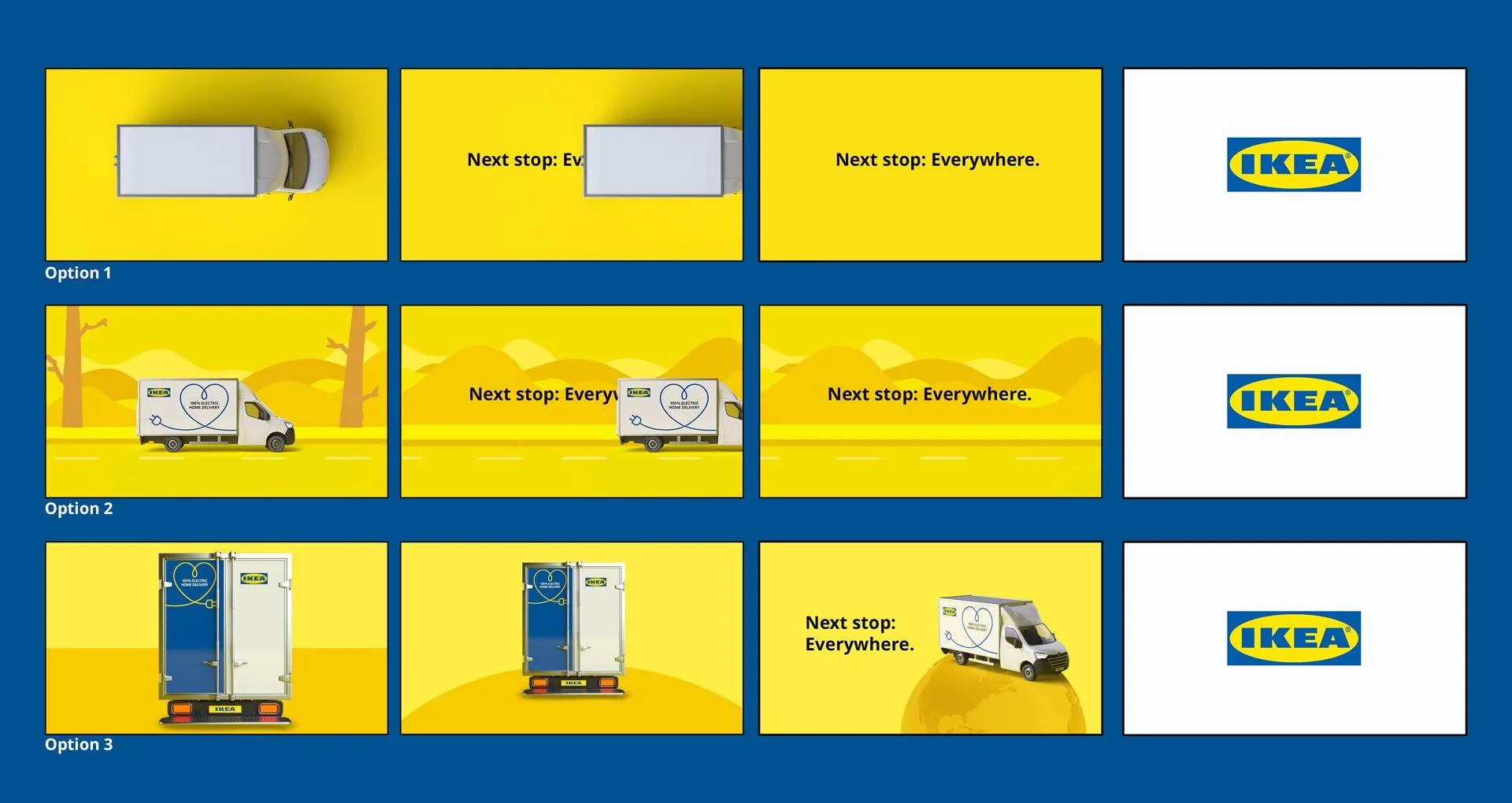 Multiple-choice options for IKEA delivery service. The first row shows a delivery truck and the text 'Next stop: Everywhere.' The second row shows a small delivery van with the IKEA logo and '100% Electric Home Delivery' text, with the same message. The third row shows a small electric delivery truck with double doors and the IKEA logo, also with the message 'Next stop: Everywhere.'