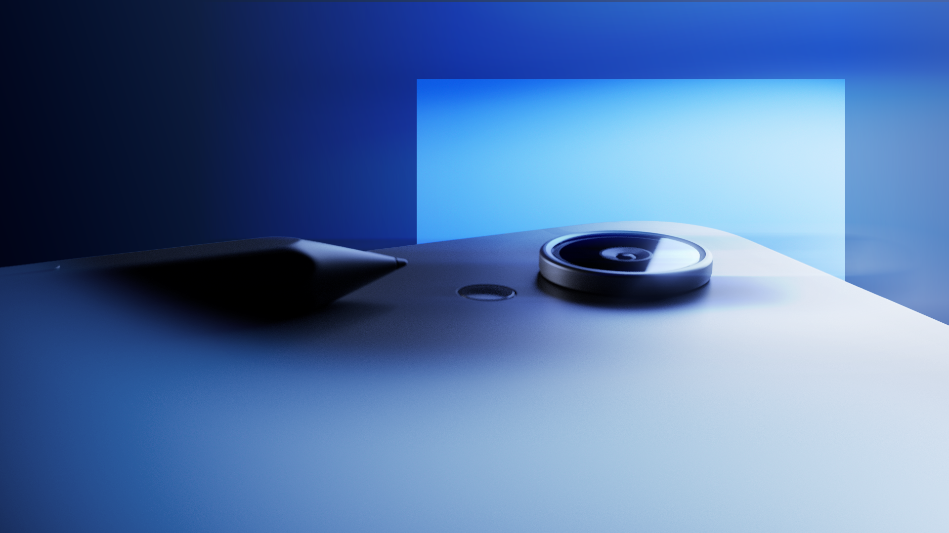 Close-up of a robotic vacuum cleaner on a smooth surface with a blue gradient background.