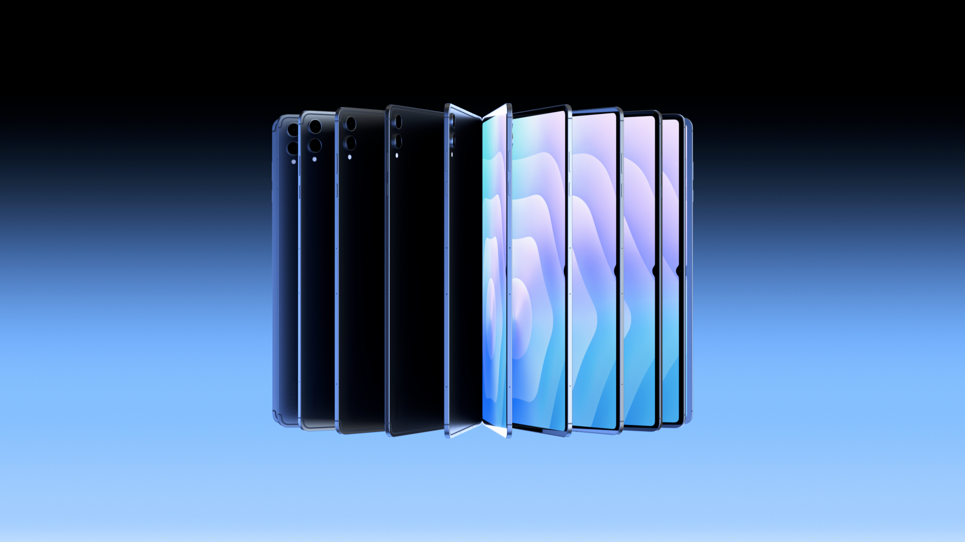 A lineup of modern smartphones with black and blue bodies, displayed against a dark to light blue gradient background.