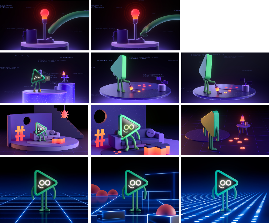 A digital collage of animated neon-style characters and scenes, including a light bulb, a play button with a face, and digital landscapes with grid patterns and glowing shapes.