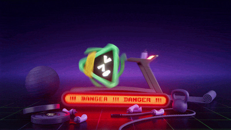 Digital artwork of a treadmill with a warning message, surrounded by gym equipment and a dark, energetic background.