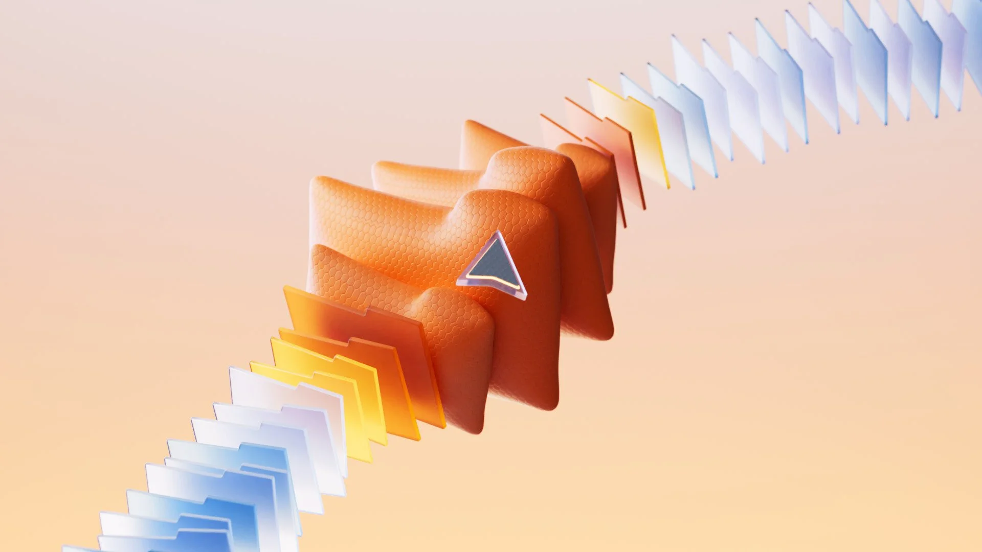 A 3D abstract representation of a DNA double helix with colorful, geometric, and textured shapes in orange, yellow, white, blue, and purple.