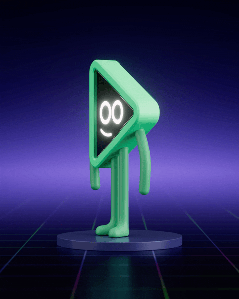 Cartoon character with a triangular screen head displaying a smiling face, standing on a dark stage with a purple and blue background.