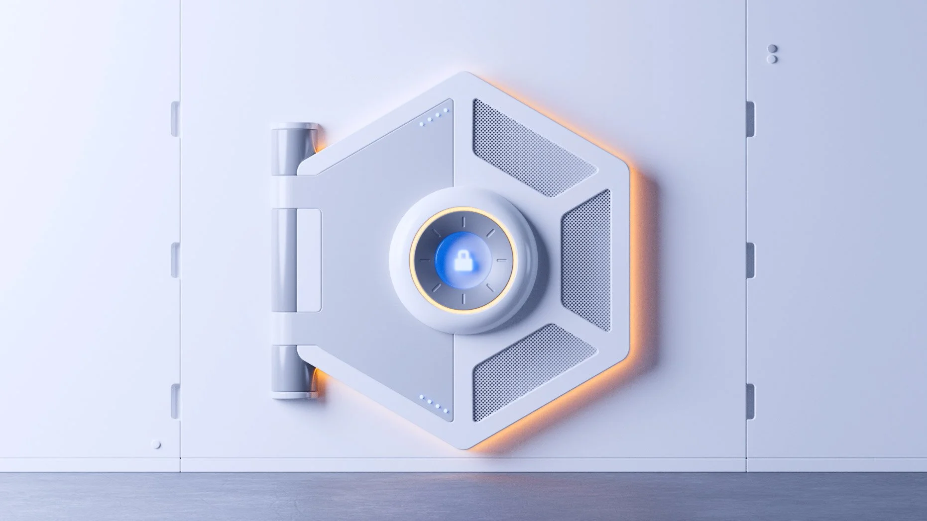 Close-up of a white safe door with a digital lock and handle, illuminated by orange light.