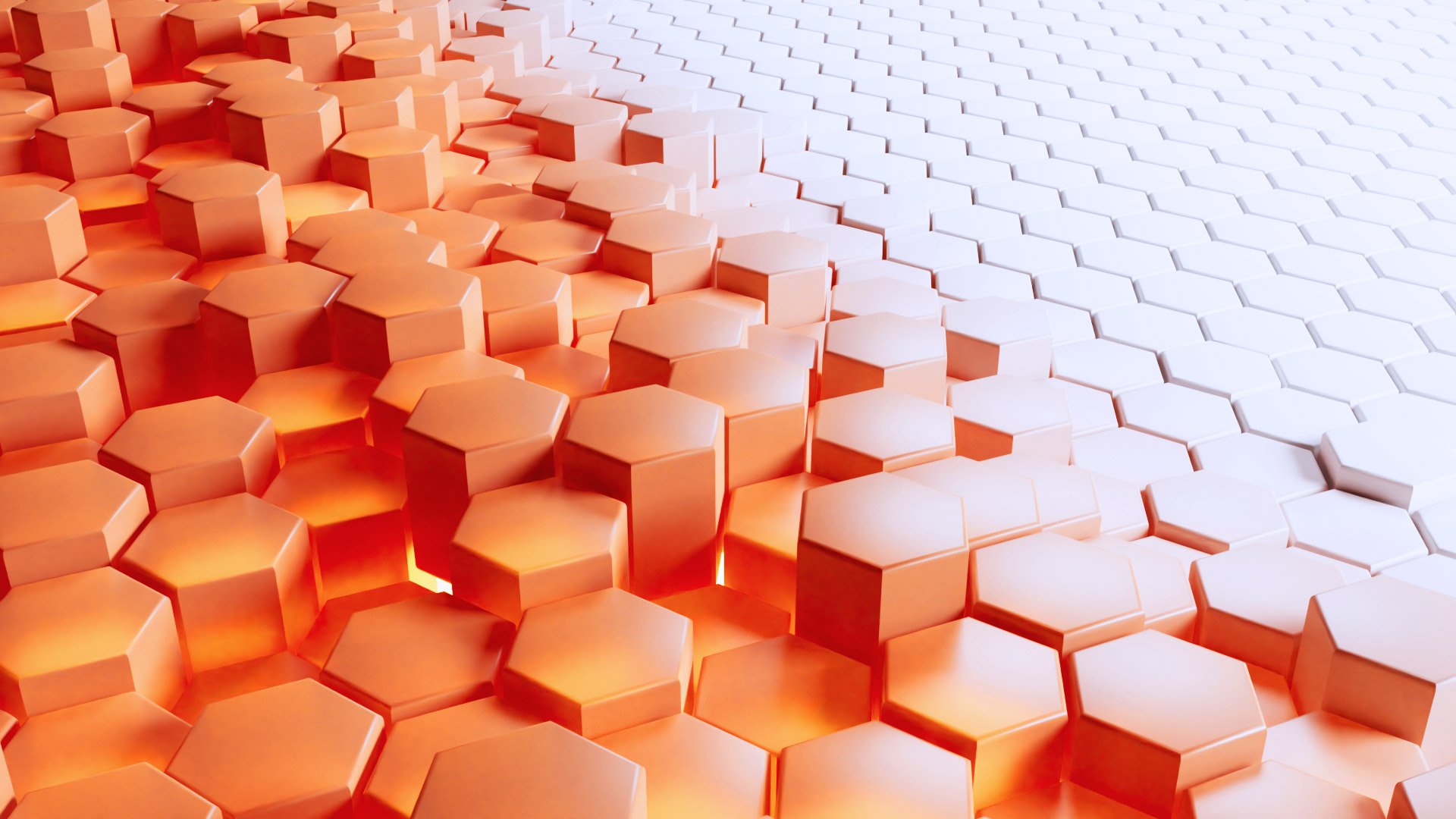 A geometric pattern of three-dimensional hexagonal tiles, orange on the left and white on the right, with lighting highlighting the textured surfaces.