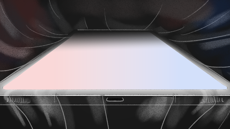 Close-up of a shiny, metallic laptop with a glowing light reflecting off its surface, set against a dark background with abstract curved lines.