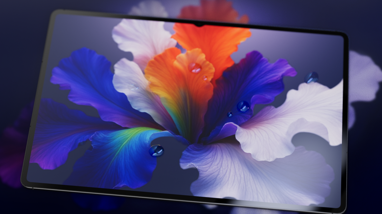 Close-up of a modern foldable smartphone with a vivid flower display and water droplets on the screen.