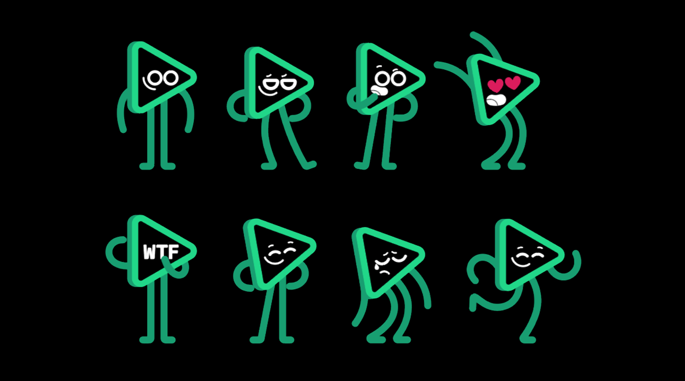 Animated characters of video play buttons with various facial expressions and body language, including happy, surprised, upset, and excited.