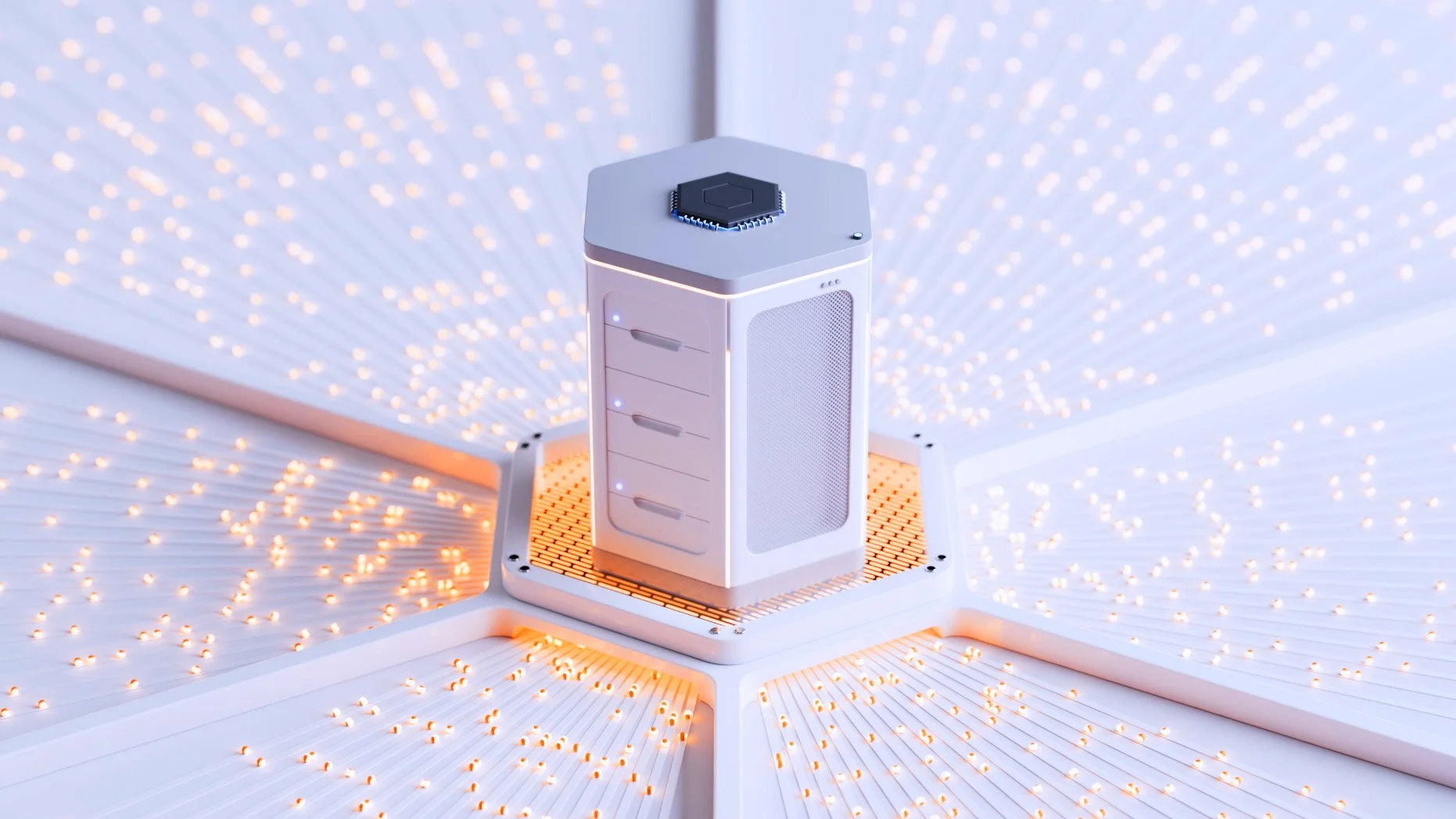 Close-up of a modern LED grow light with a white and gray design, mounted on a reflective surface with numerous small LED lights illuminating. The background is filled with a pattern of tiny LED lights creating a bright, star-like effect.