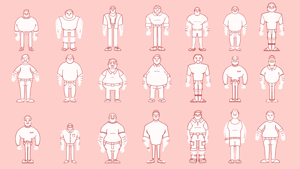 Line drawings of 20 diverse men with different ages, body types, and styles, arranged in four rows on a pink background.