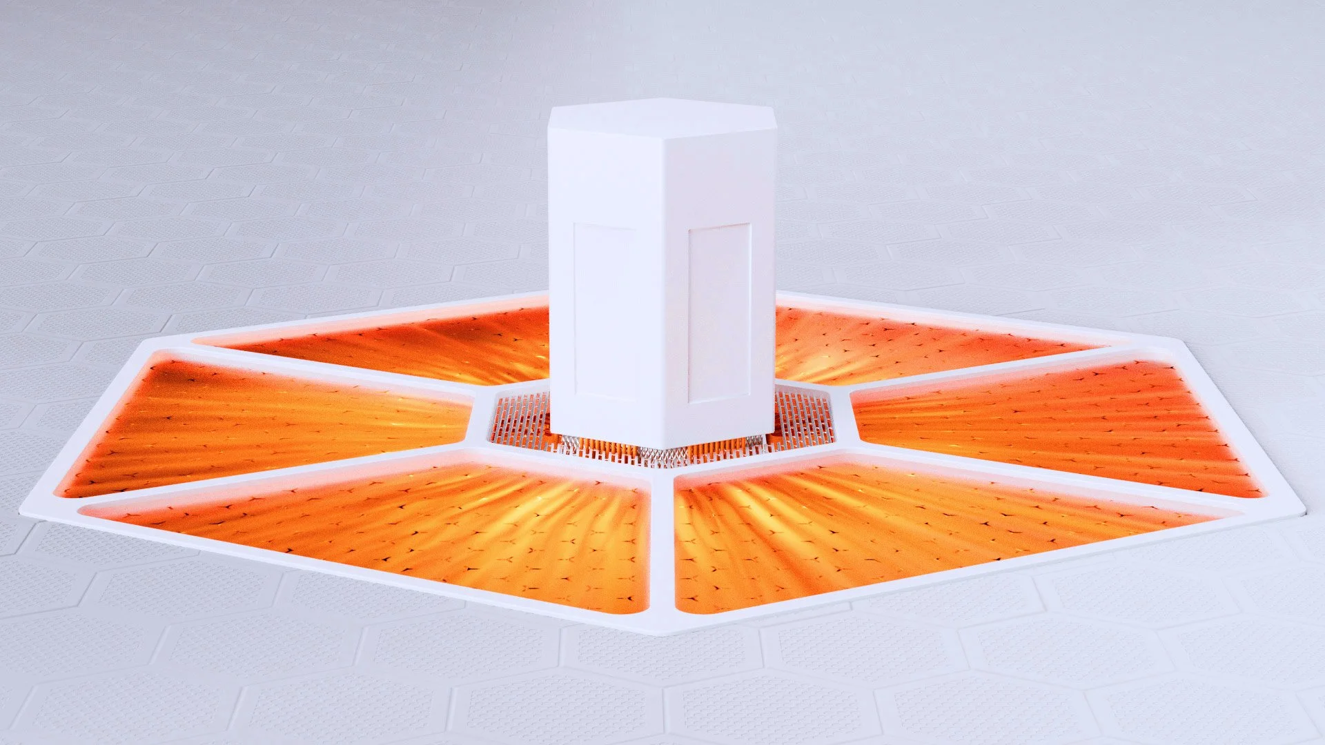 A futuristic, white hexagonal platform with red-orange glowing panels radiating from a central white pedestal.