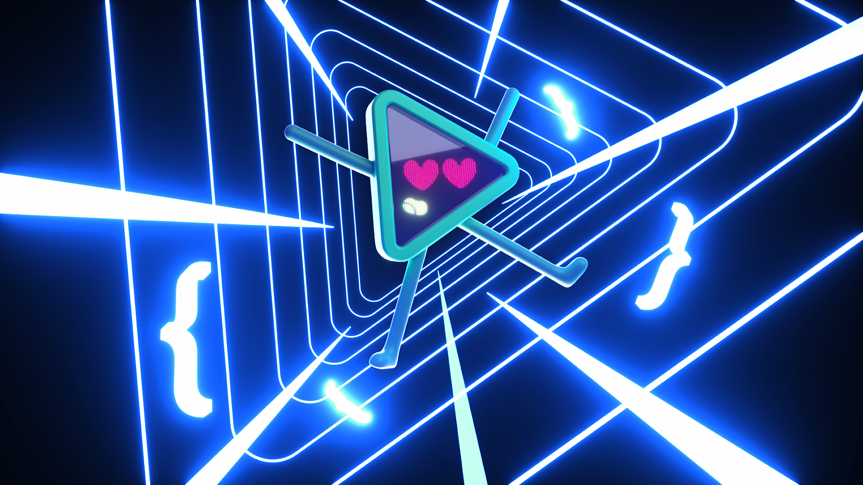A futuristic, neon-lit digital art scene featuring a robotic character with a triangular head, red heart-shaped eyes, and a smiling mouth. The robot is set against a background of glowing blue lines and brackets, creating a tunnel-like effect.