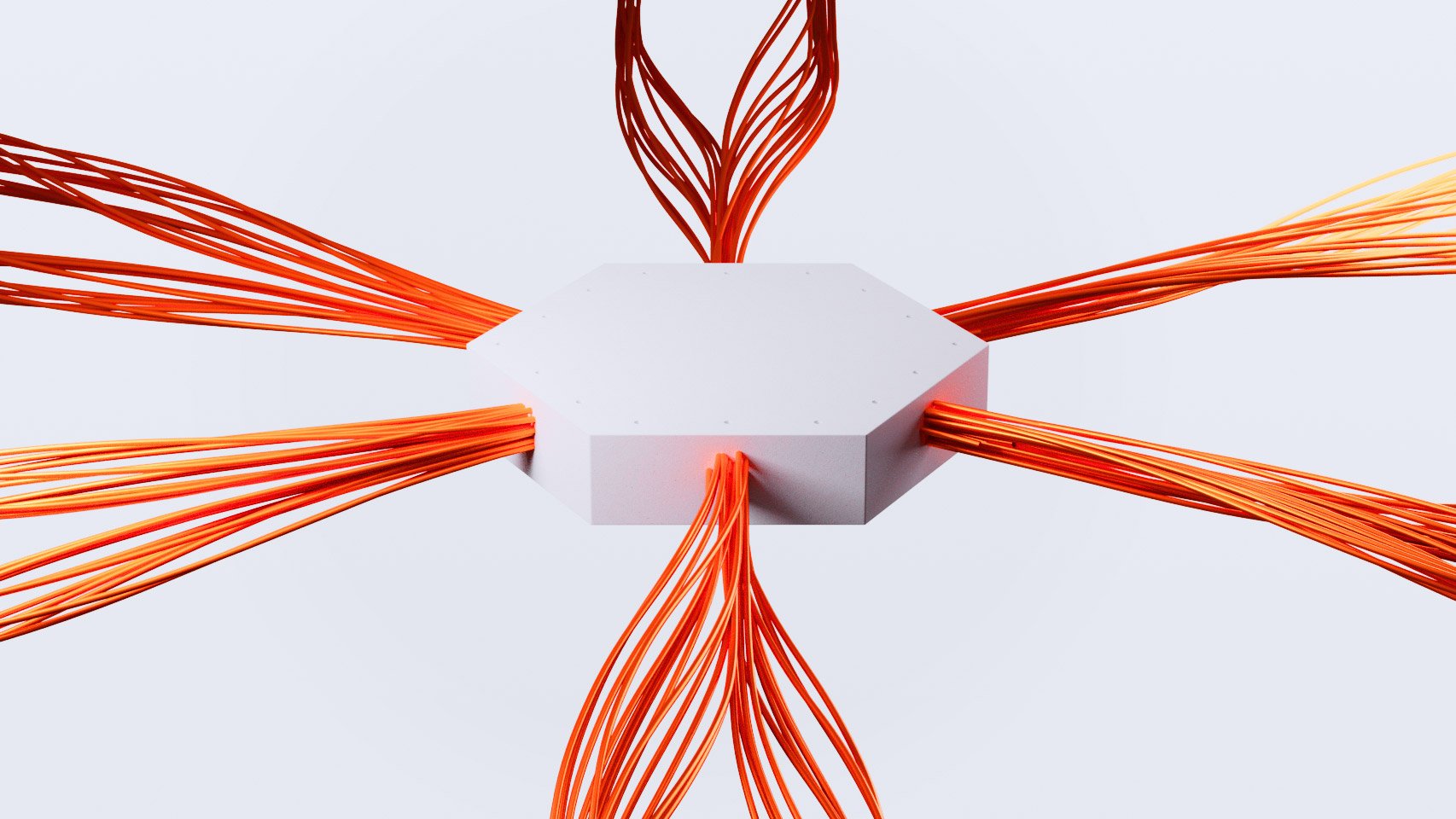 A white, hexagonal electronic device with multiple orange wires connected to each side, arranged in a symmetrical pattern.