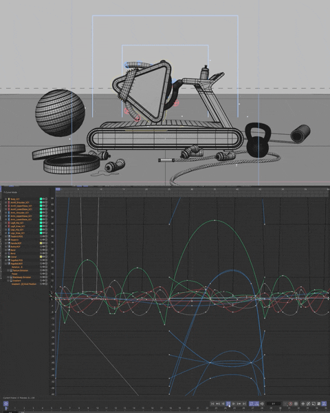 A computer screen displaying a 3D modeling software with a wireframe model of a vintage bicycle, various 3D objects and textures, along with a graph or animation timeline at the bottom.
