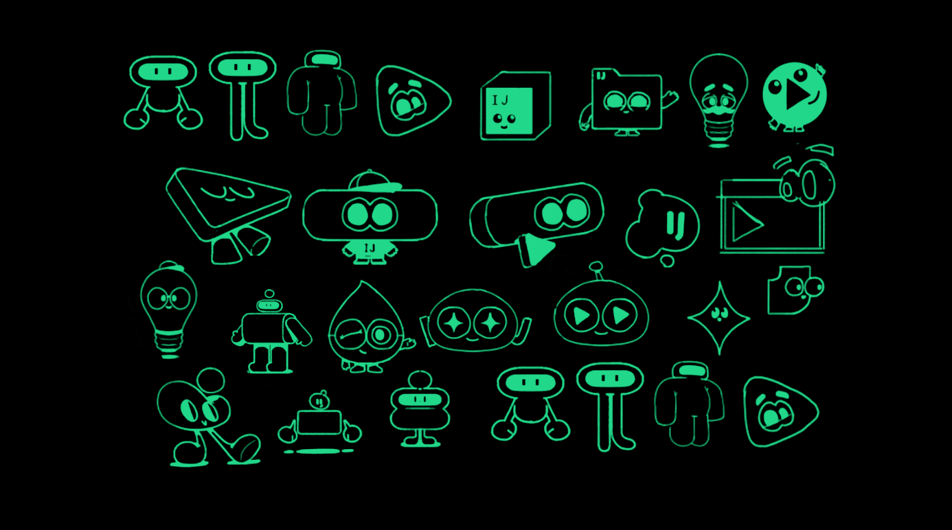 Collection of neon green cartoon icons on a black background, including robots, light bulbs, video players, and geometric shapes.