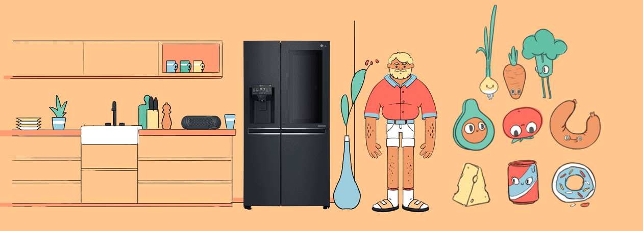 A cartoon illustration of a modern kitchen with a refrigerator, a sink, and shelves. There are various cartoon food items and vegetables with faces on the right, including an onion, carrot, broccoli, potato, sausage, cheese, soda can, and donut. A man in yellow pajamas and sandals stands in the middle of the image.