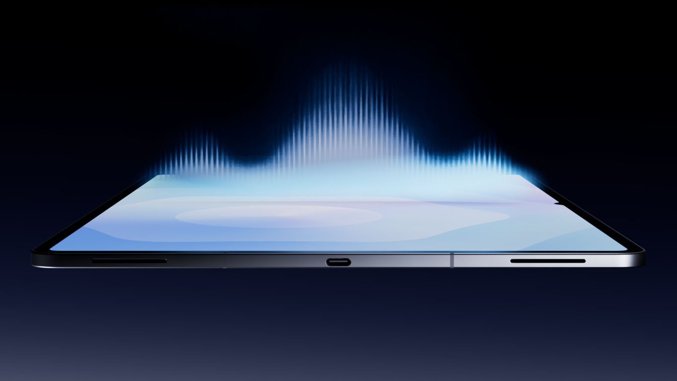 A modern smartphone with a blue and white screen, with sound wave visualization coming from the top.