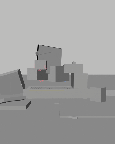 A 3D model of a cityscape with blocks and rectangular structures in shades of gray.
