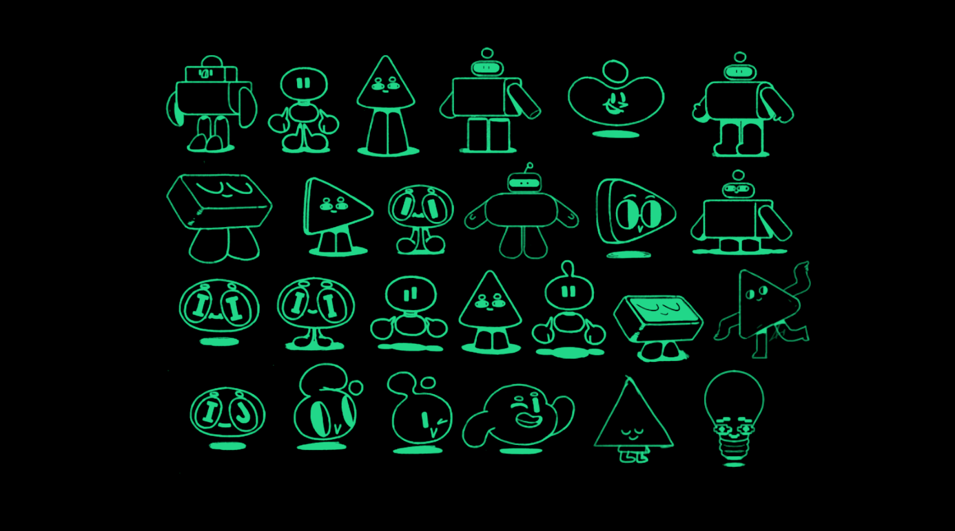 Collection of neon green cartoon robot and character icons on a black background, including robots, triangles, and circles with various expressions and accessories.