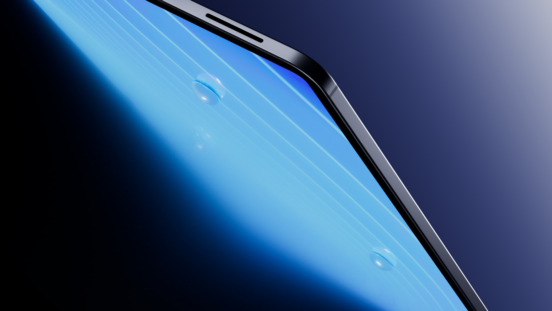 Close-up of a modern smartphone's front screen showing a bright blue and black background with diagonal lines and a centered fingerprint sensor.